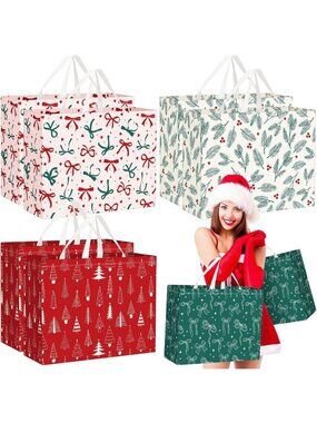 16 Extra Large Jumbo Christmas Gift Tote Bags - Reusable Non-Woven Shopping Bags